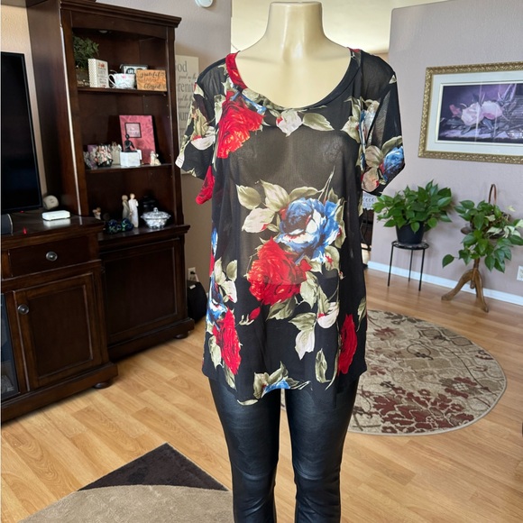 Sky Black Floral Print Sheer Short Sleeve Blouse-size L - Picture 5 of 9